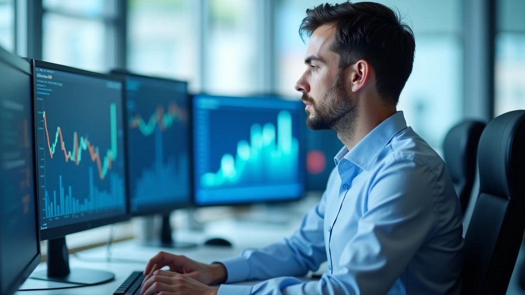 Finansinio analitikoasėdintis prie stalo su keliais monitoriais, kuriuose rodomi realaus laiko duomenys ir grafikai